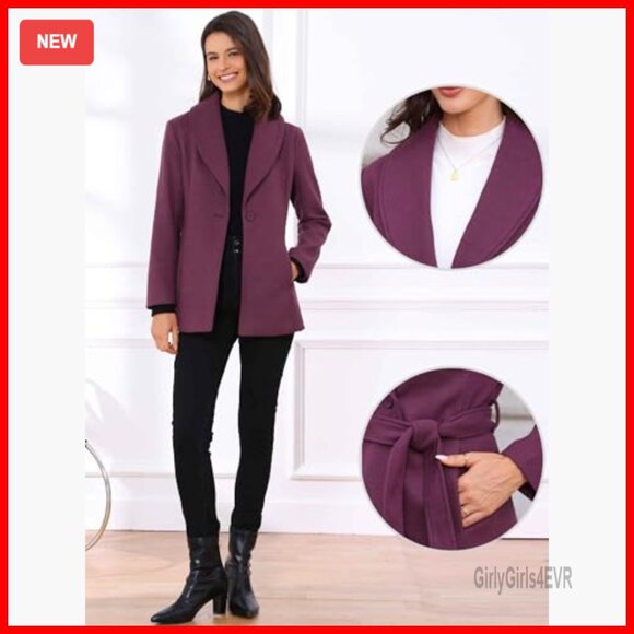 Women's Pea Coat with Belt, Lapel Collar, One Button, Polyester, Regular Fit - Picture 4 of 7